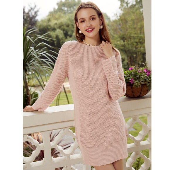 Keyhole Back Tie Pink Sweater Dress - Picture 2 of 16
